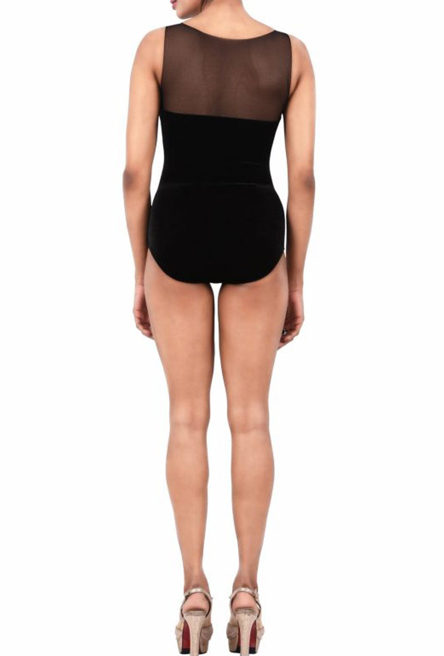 Midnight Veil Velvet Plunge Bodysuit with Sheer Net Yoke