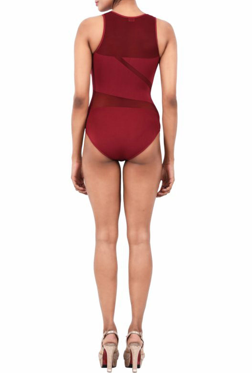 Exotic Maroon Mesh Bodysuit