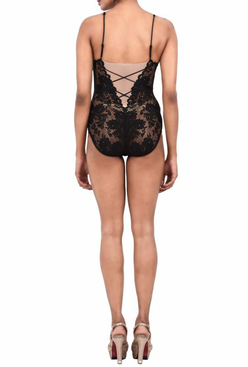 Noir Eclipse Plunge Lace Bodysuit with Criss Cross Back