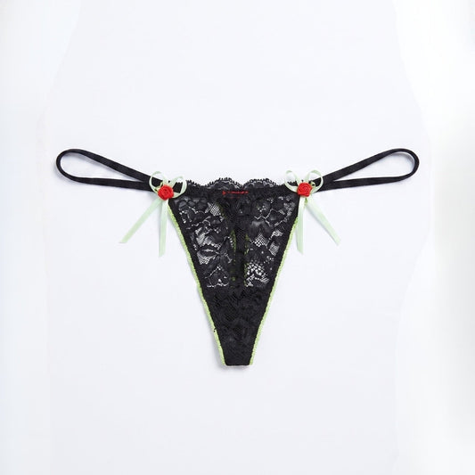 Women Black Floral Lace Decorative Rose Detail Free Size Thong Panty