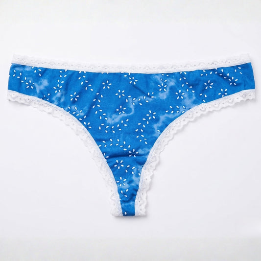 Women Blue Tie-Dye Floral Thong Panty