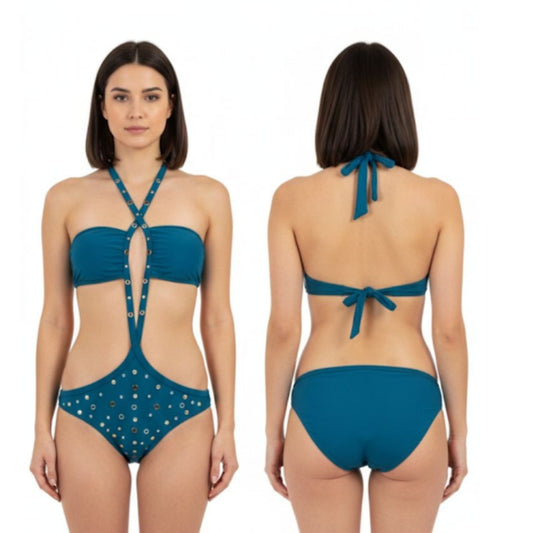 Teal Halter Neck Studded Monokini – Back Tie Swimwear