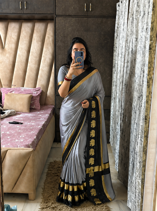 ELEPHANT BORDER Grey & Black  Soft Cotton Silk Emerald Bloom Saree For Women