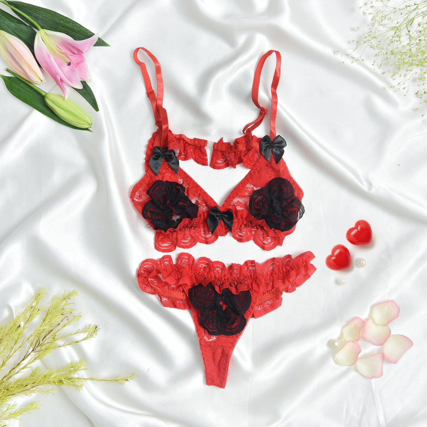 Pink Lace & Net Lingerie Bikini Co-Ord Set