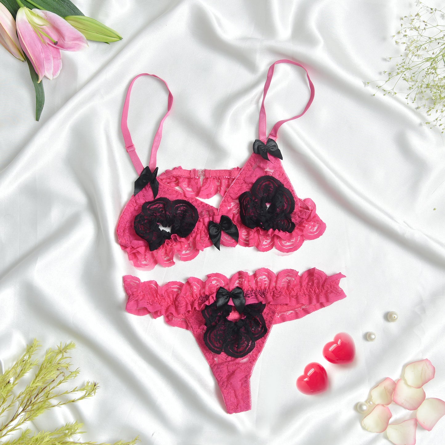 Pink Lace & Net Lingerie Bikini Co-Ord Set