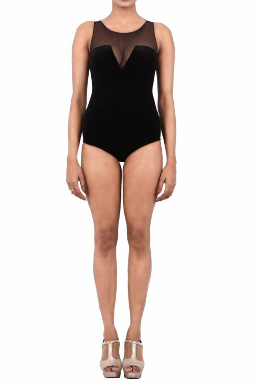 Midnight Veil Velvet Plunge Bodysuit with Sheer Net Yoke