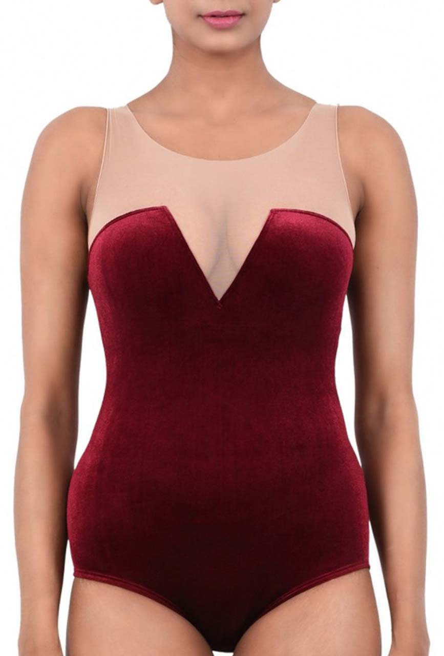 Velvet Rouge Beige Net Plunge Bodysuit