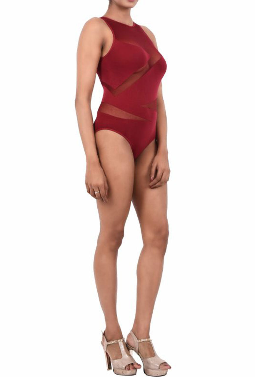 Exotic Maroon Mesh Bodysuit
