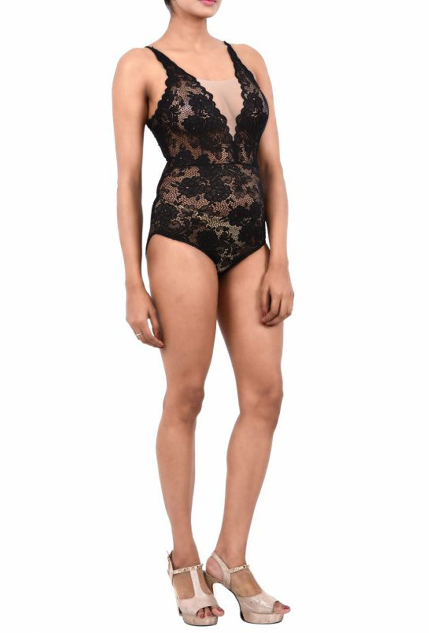 Noir Eclipse Plunge Lace Bodysuit with Criss Cross Back