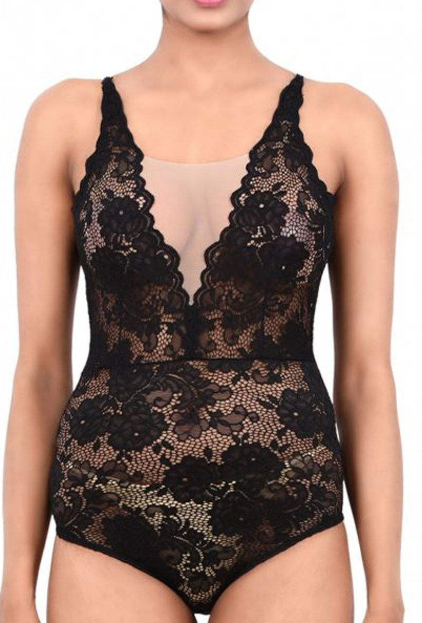 Noir Eclipse Plunge Lace Bodysuit with Criss Cross Back
