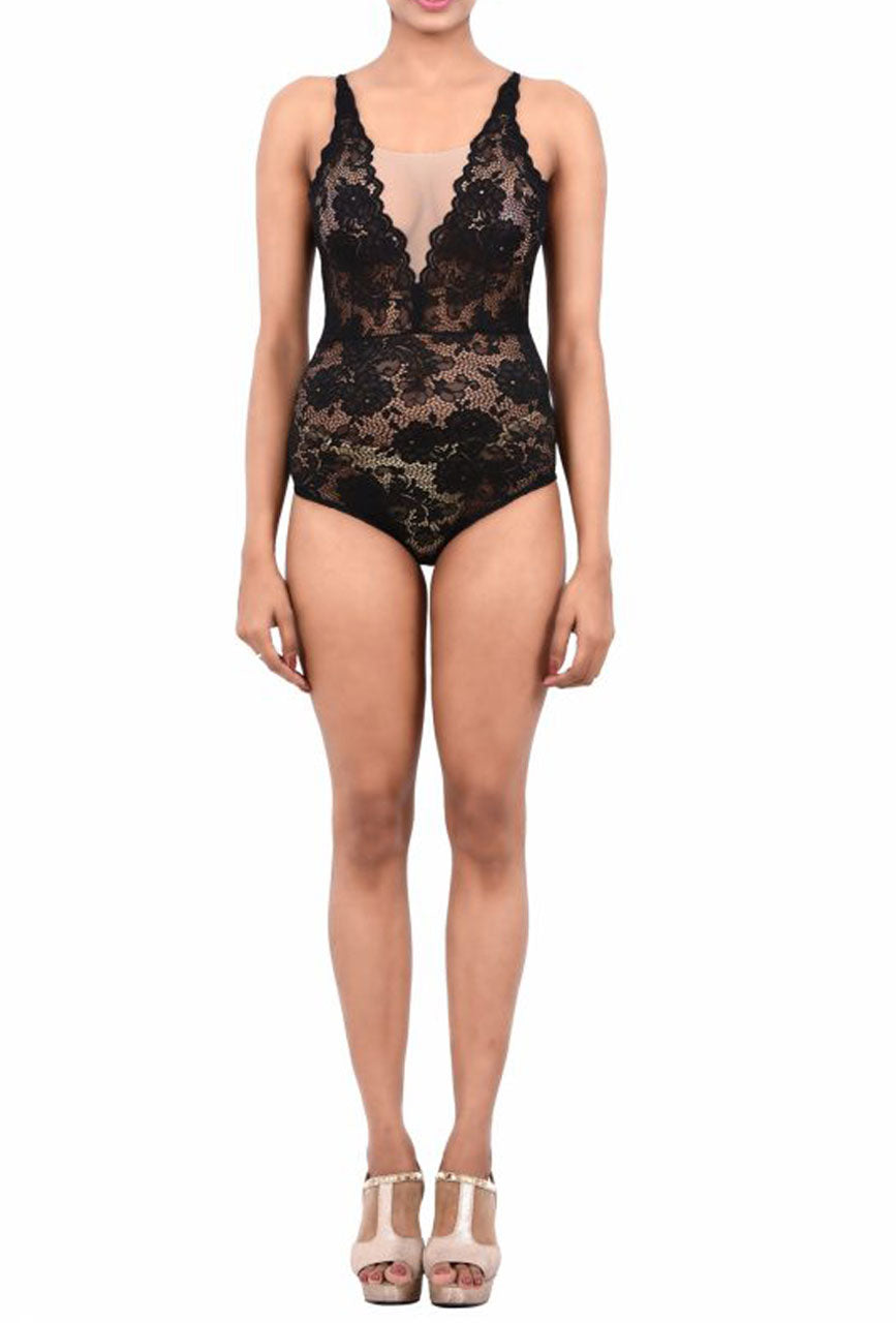Noir Eclipse Plunge Lace Bodysuit with Criss Cross Back