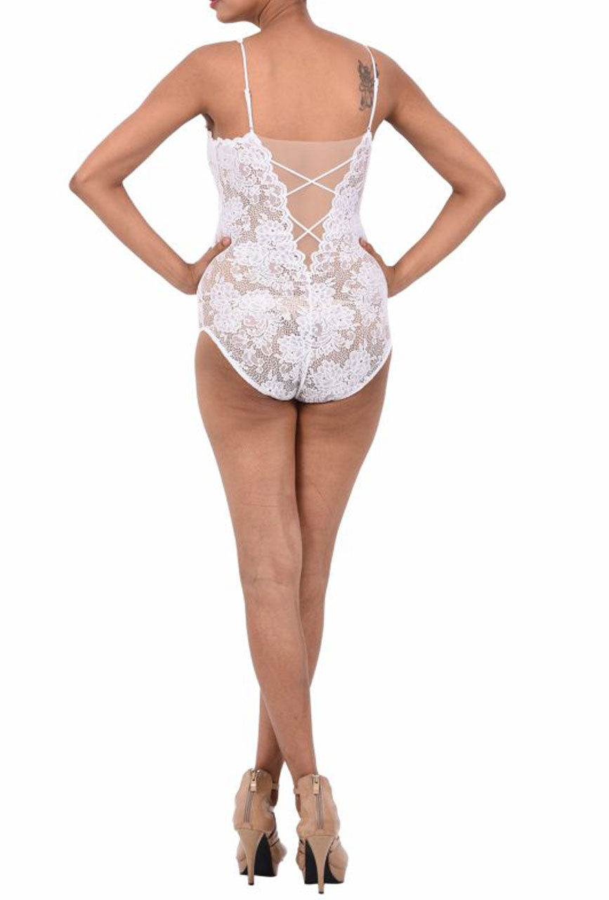 Celeste Plunge Lace Bodysuit with Criss Cross Back