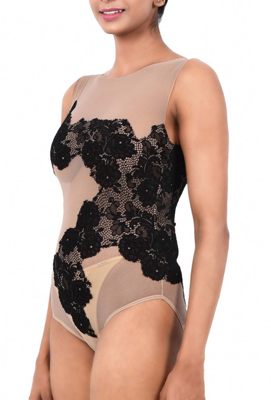 Noir Aura Lace & Mesh Sculpting Bodysuit