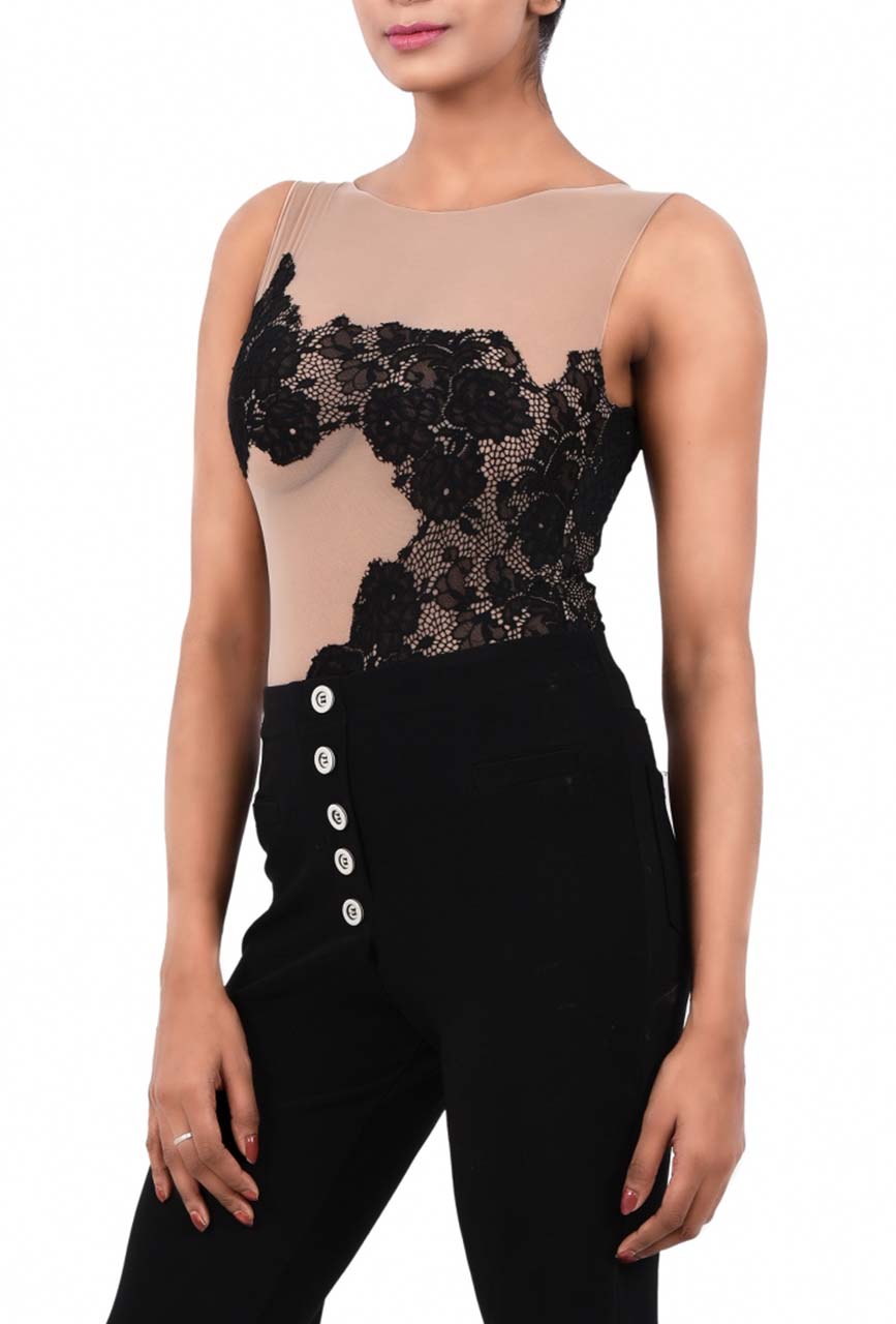 Noir Aura Lace & Mesh Sculpting Bodysuit