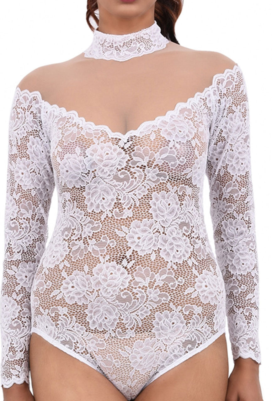 Ivory Fleur Lace Bodysuit with Sheer Mesh Yoke