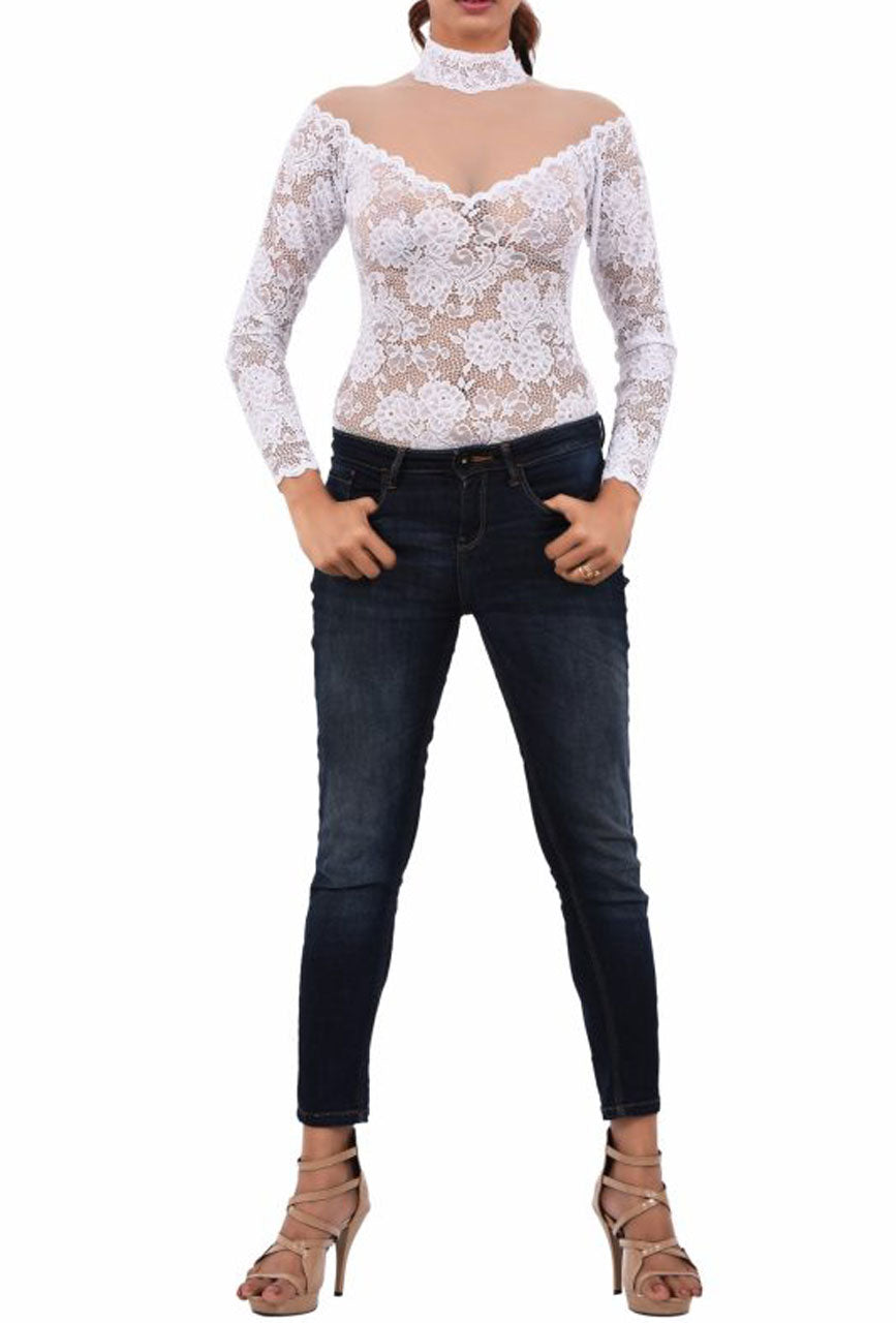 Ivory Fleur Lace Bodysuit with Sheer Mesh Yoke