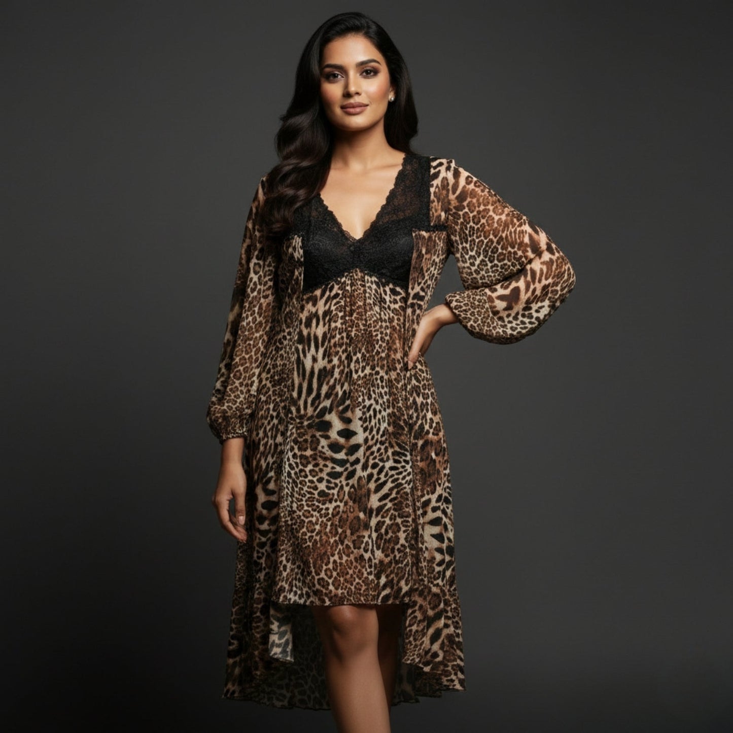 Animal Print Nighty Gown Set with Black Lace