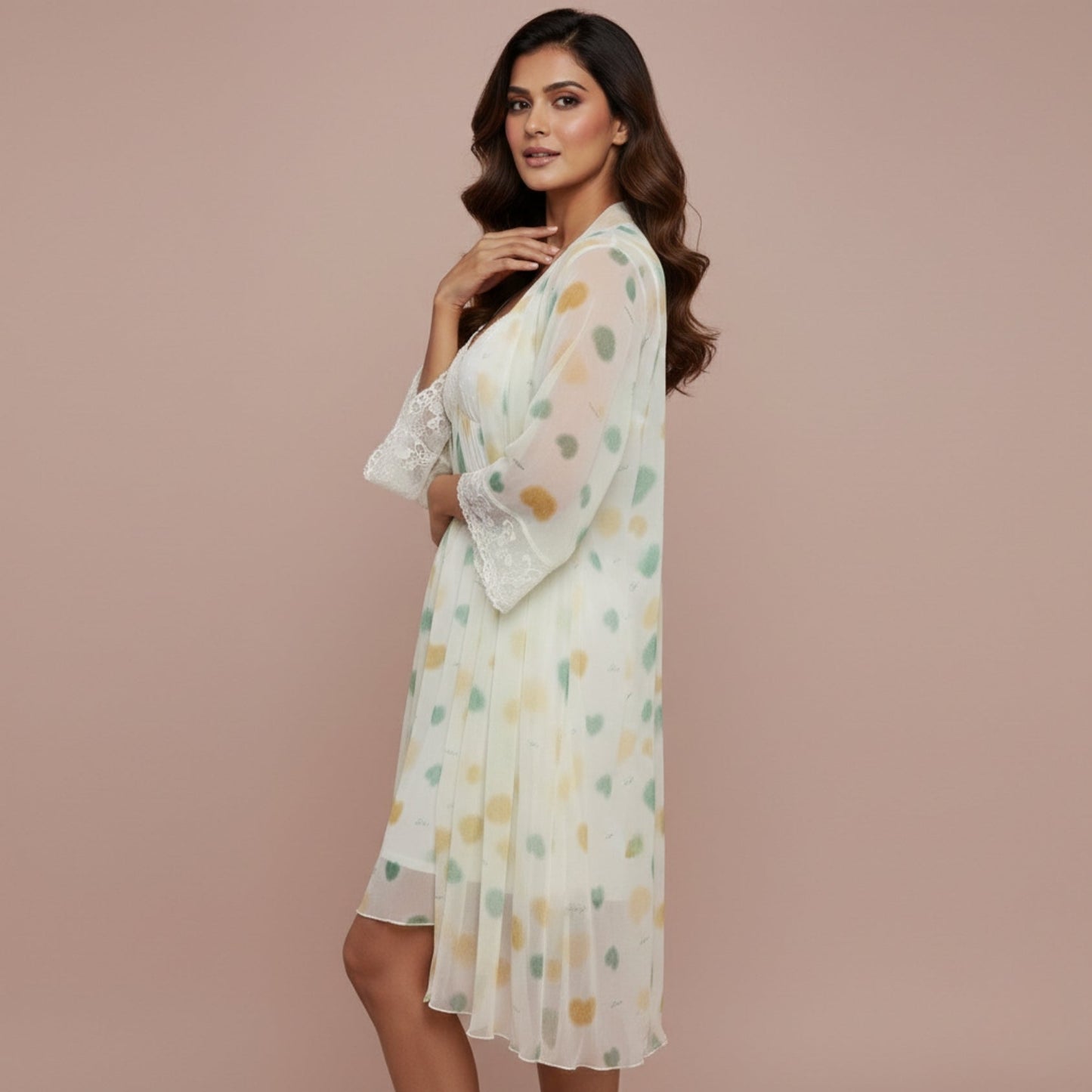 Light Yellow Printed Nighty Gown Set