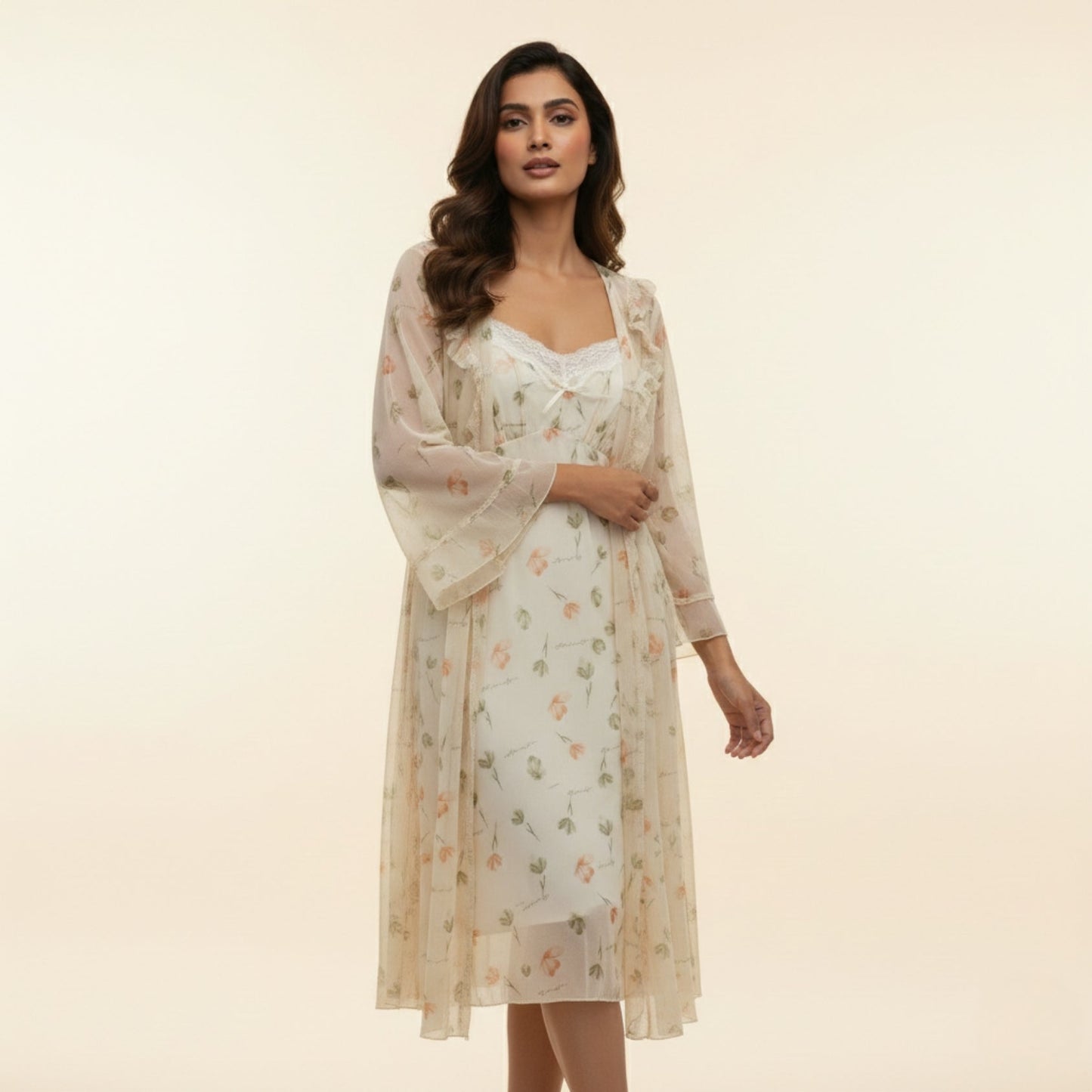 Cream Printed Nighty Gown Set